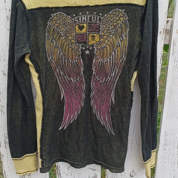 Sinful Black and Yellow Reversable Long Sleeve Tee with Wing Design - Picture 4 of 10